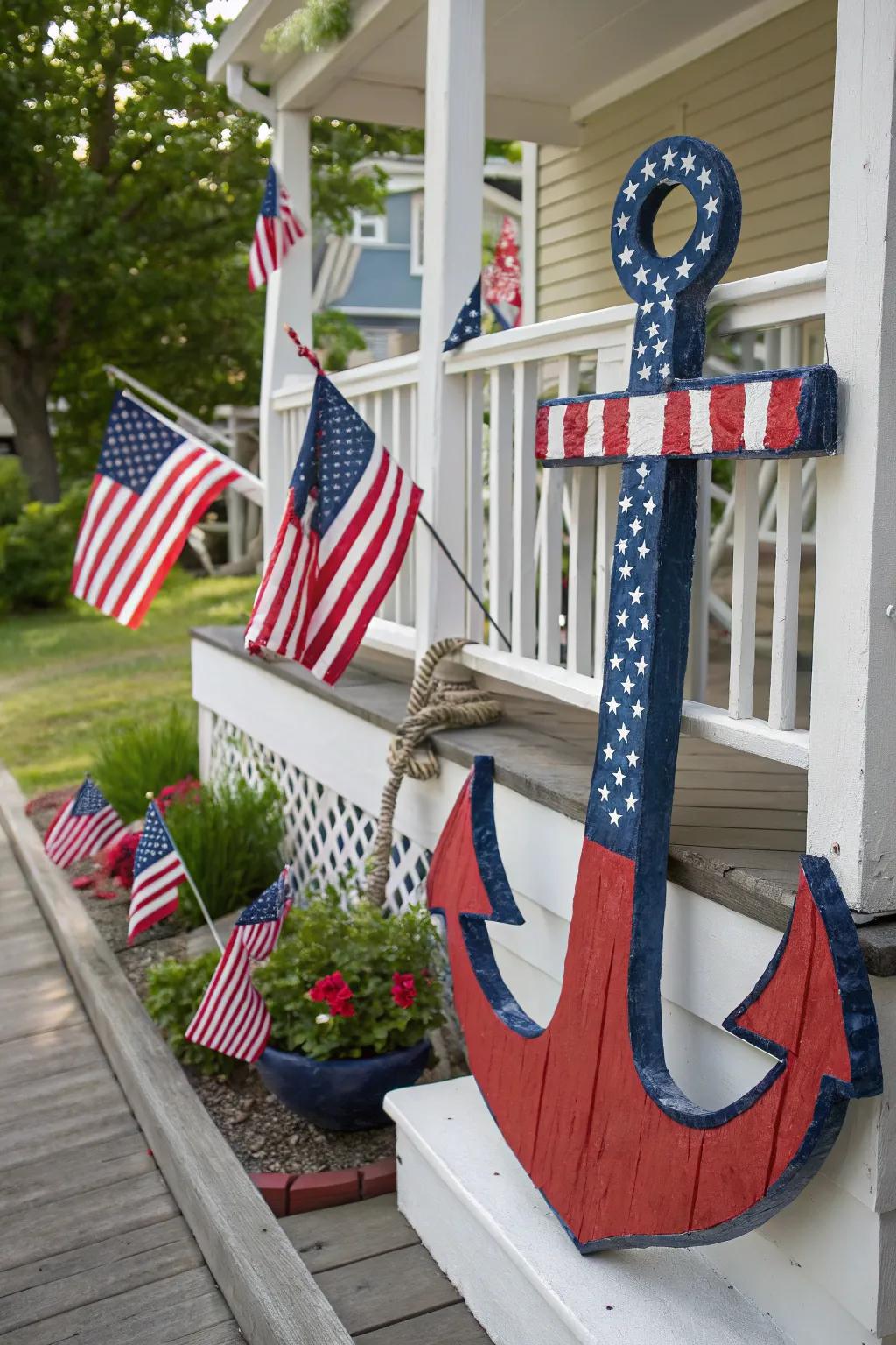 Patriotic buoy in scarlet, ivory, and cerulean