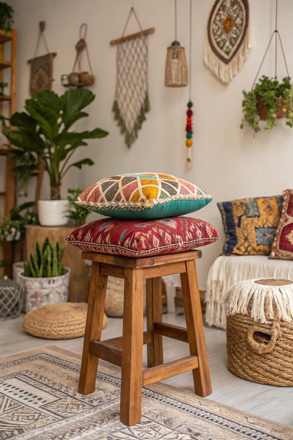 A bohemian wooden stool introduces color and texture to your decor.
