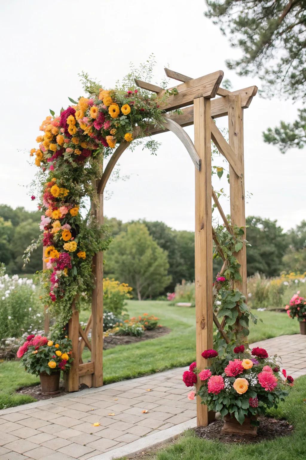 Seasonal blooms inject vibrant vitality into your matrimonial arch.