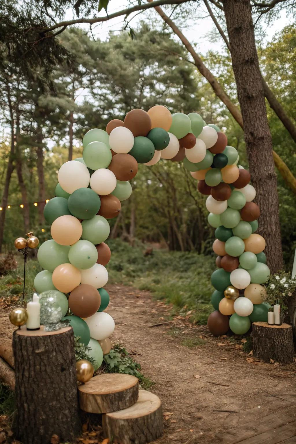 Balloon arches in natural hues conjure a whimsical woodland vibe.