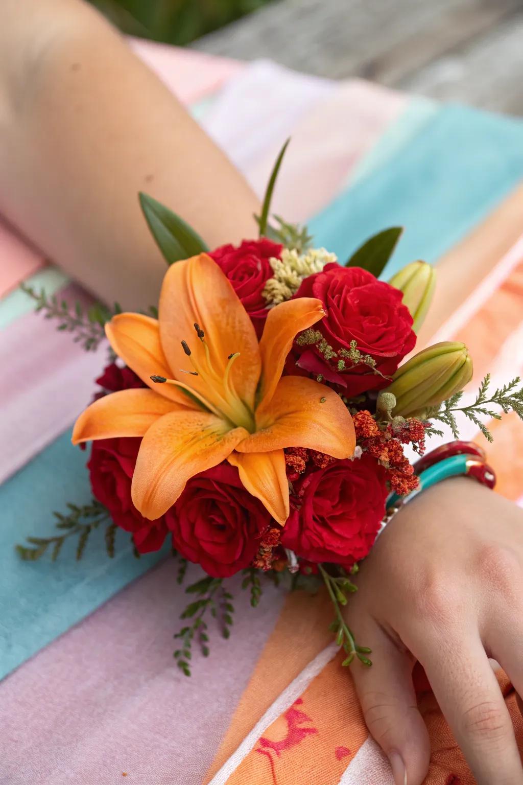 Vibrant wrist adornment featuring tangerine lilies and scarlet peonies.