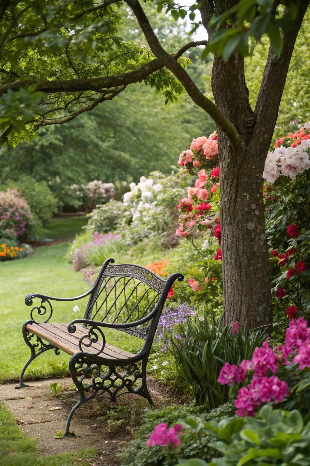 You are invited to unwind in your garden oasis by a metal bench.