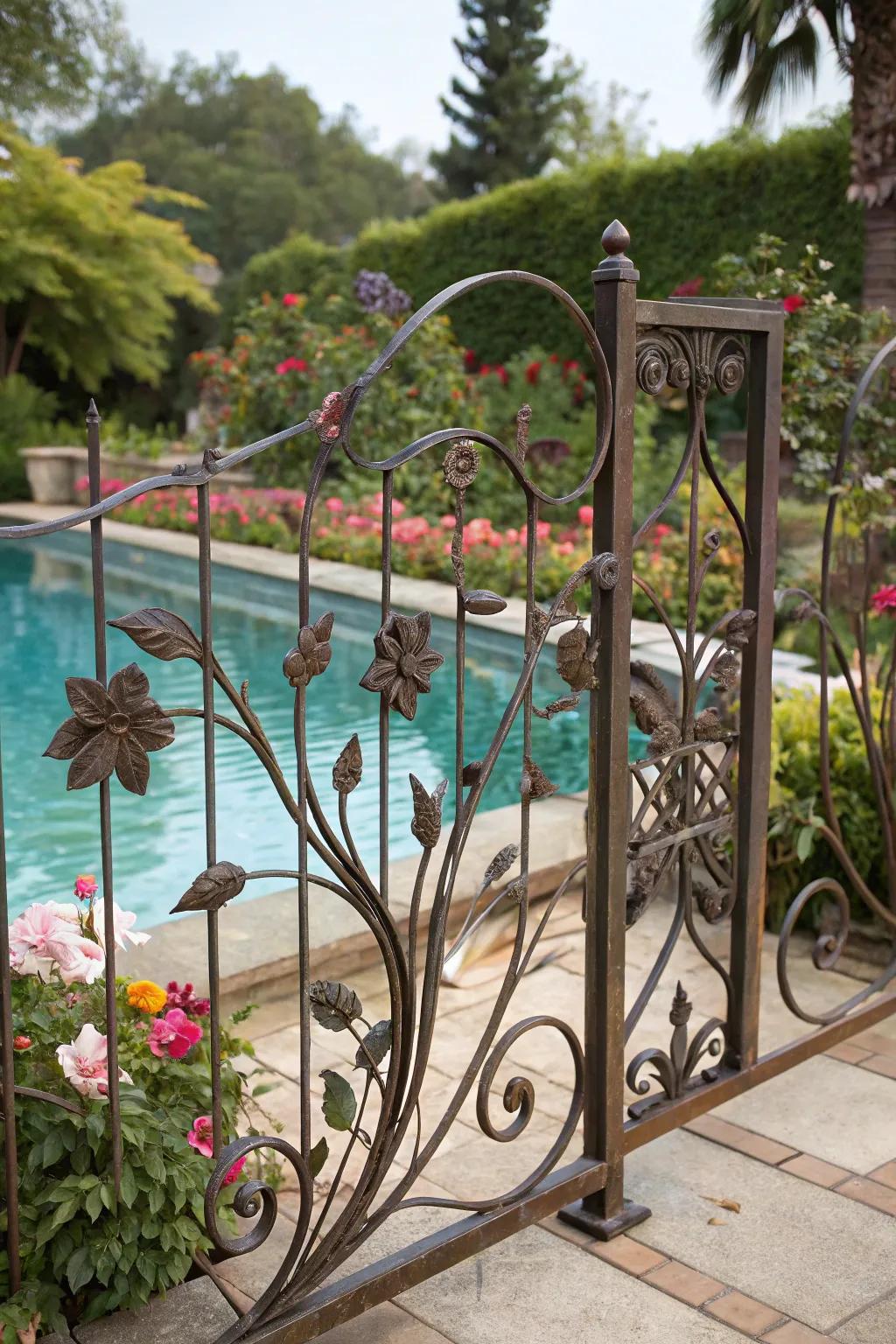 Inventive fashioned iron artistry bestows a personalized essence to this pool vicinity.