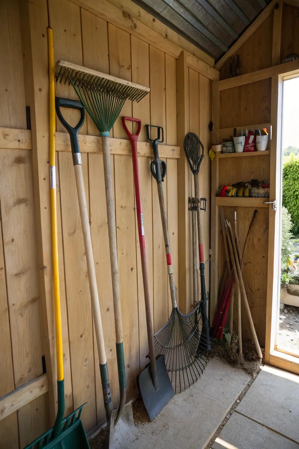 Vertical storage keeps long tools tidy and easy to reach.