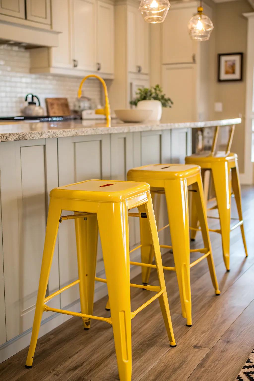 Golden breakfast chairs provide a cheerful contrast in an otherwise neutral cooking area.