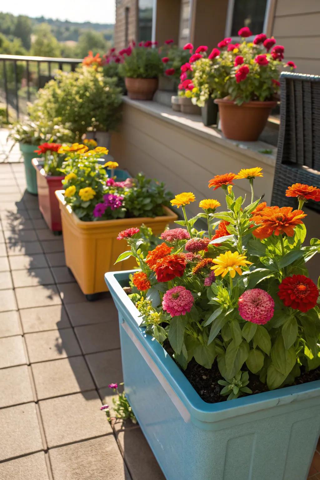 Vibrant vessels brimming with blossifys brighten up a cozy veranda.