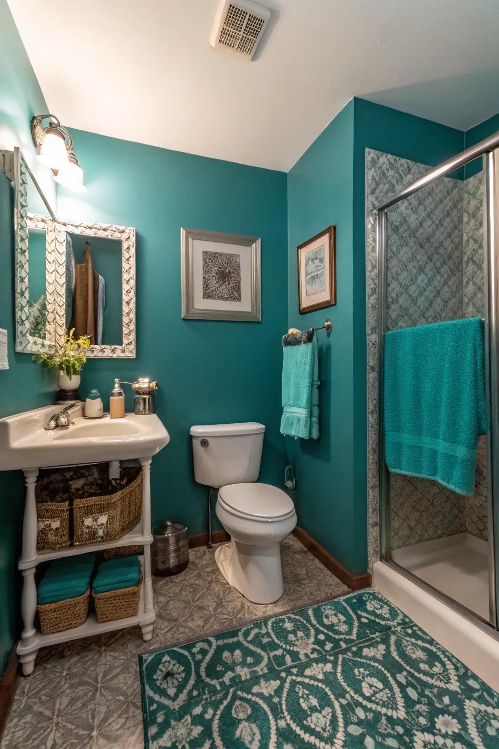 Deep teal walls establish a dramatic aesthetic in this powder room.