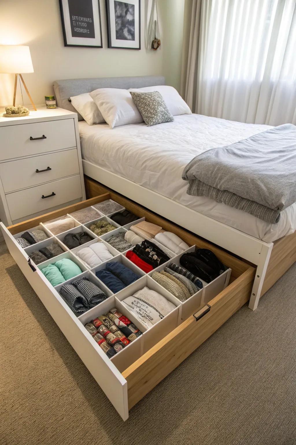 Use the area under the bed for clever storage.