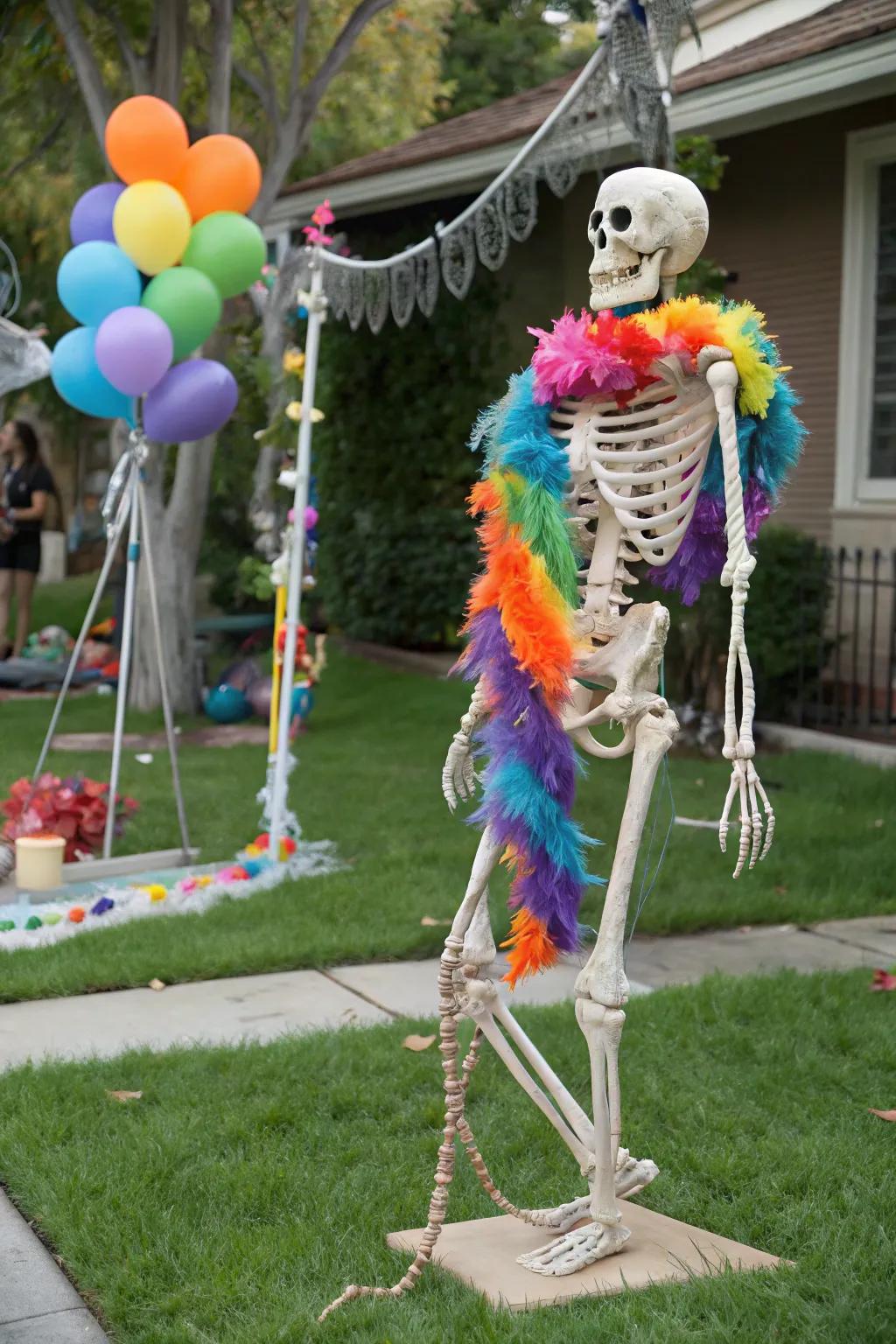 An elegant skeleton with a decorative scarf becomes the center of attention.