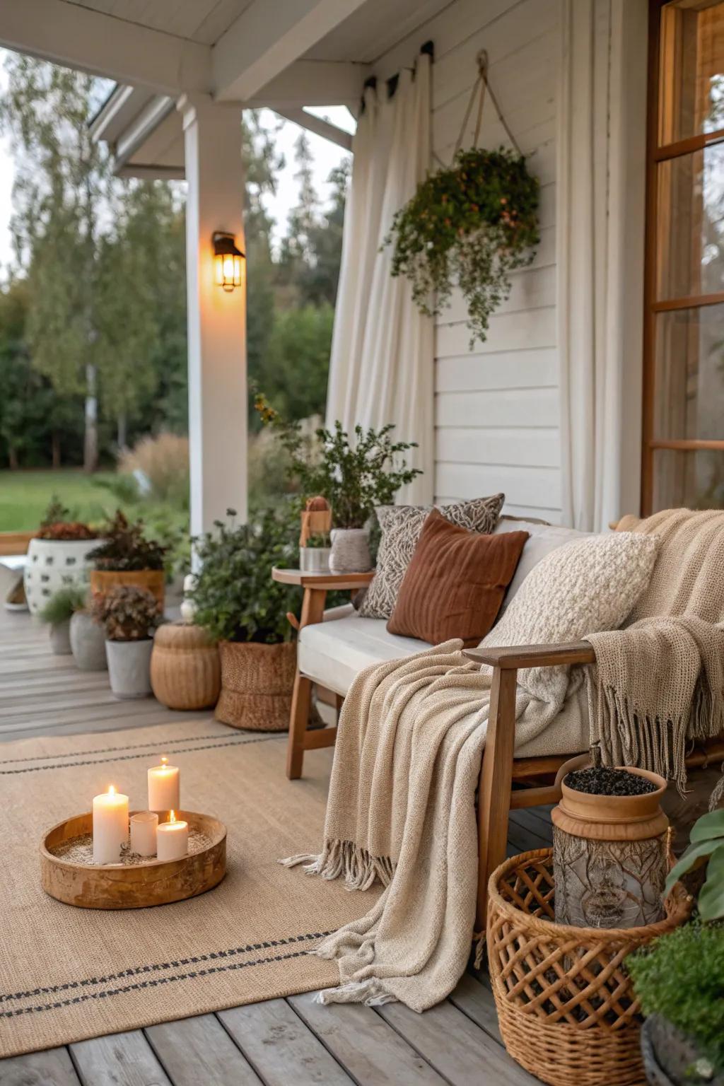Earthy tones creating a tranquil porch environment.