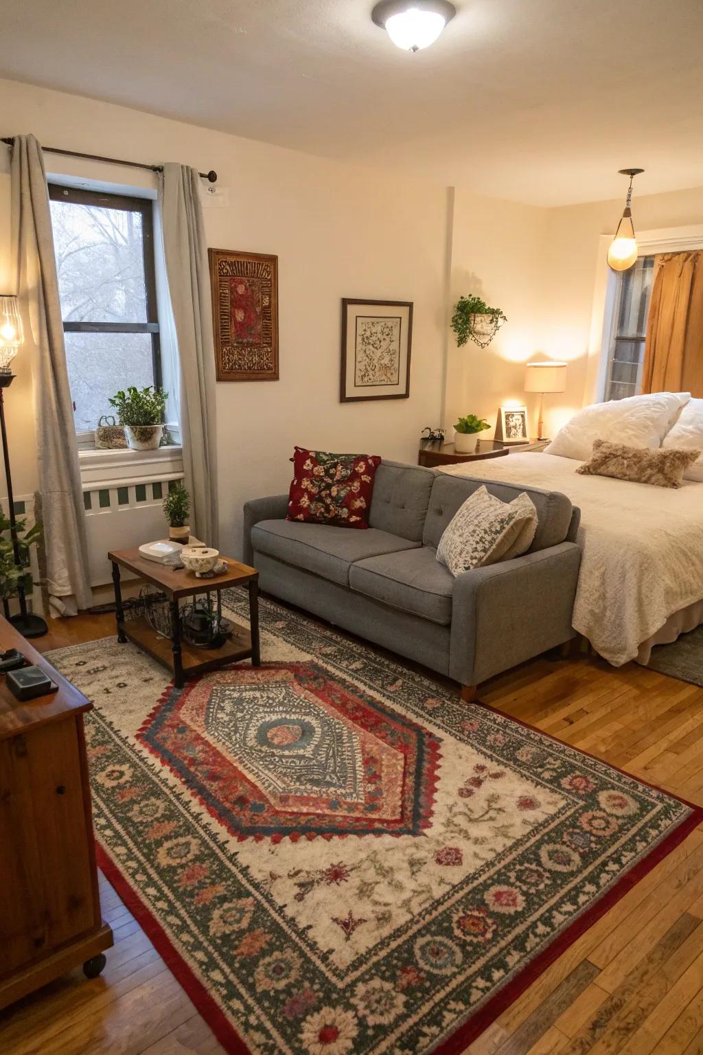 Demarcate spaces in your studio using stylish floor coverings for effective zoning.