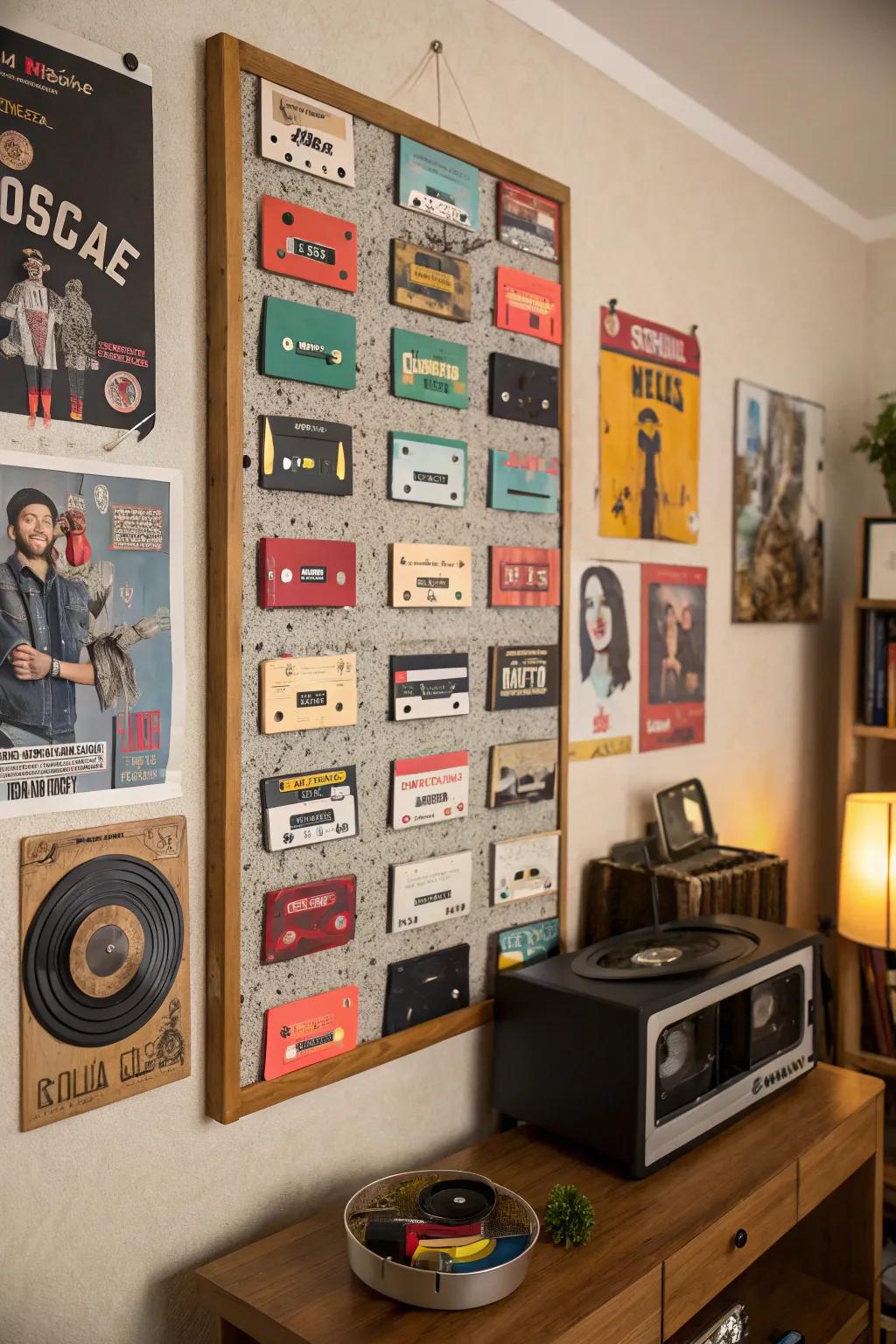 Audio cassettes serving as pushpins on a vintage-themed bulletin board.