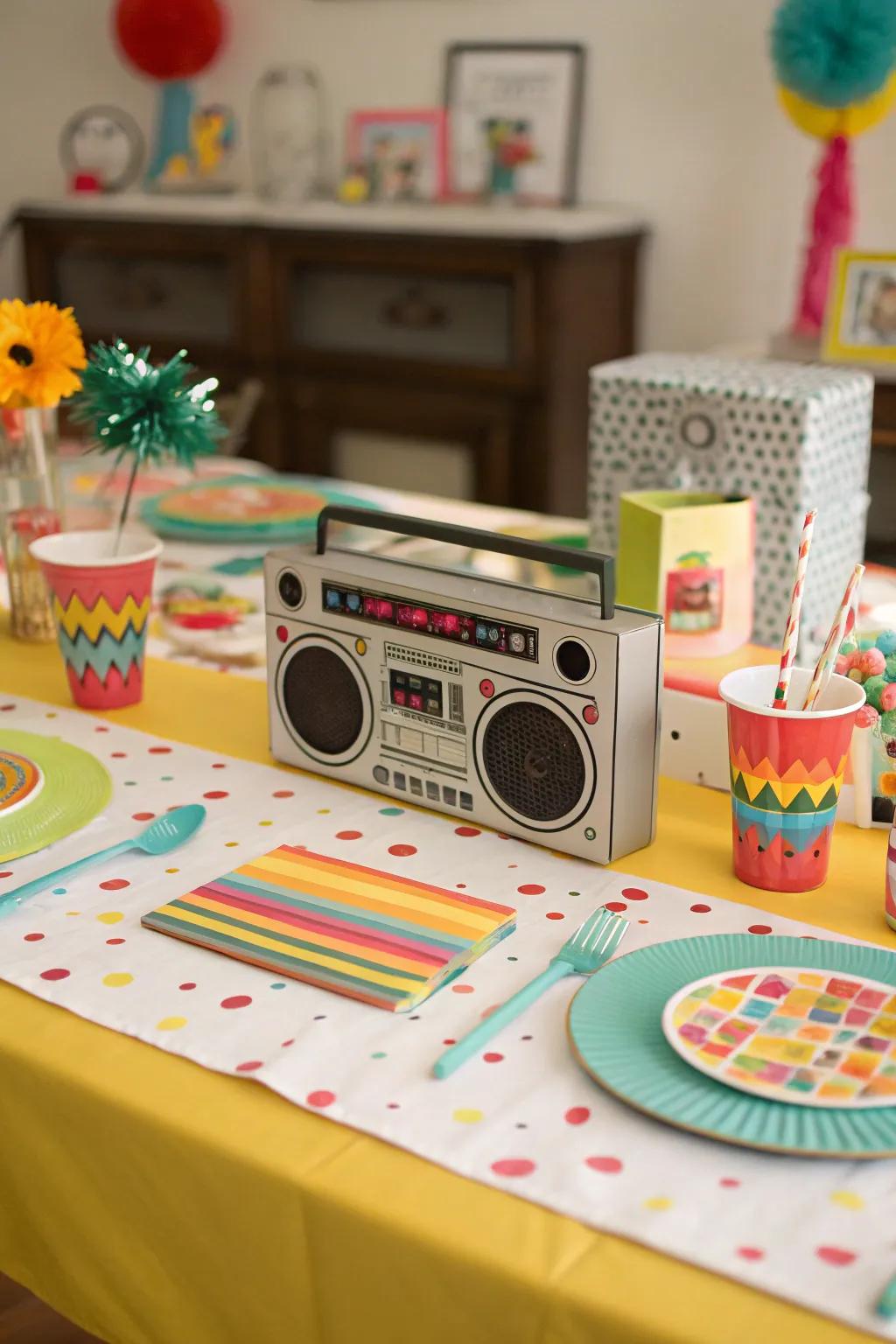 Portable stereo centerpieces introduce a hint of 80s music culture.
