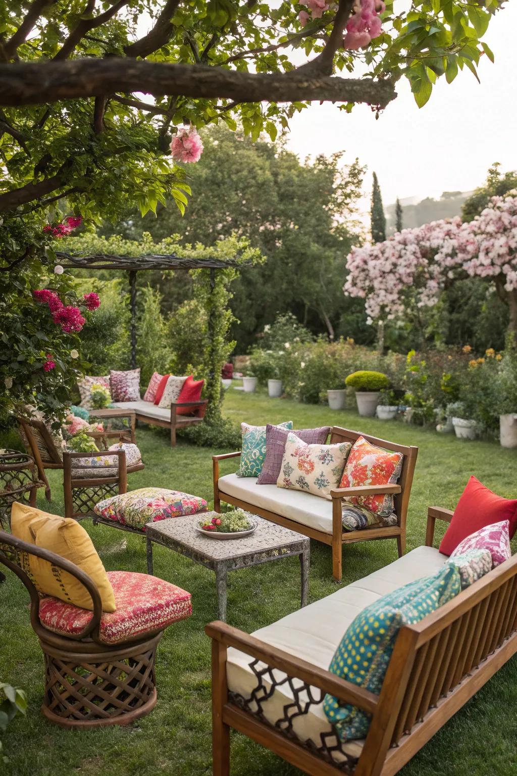 Comfortable sitting with colorful cushions creates a laid-back garden vibe.