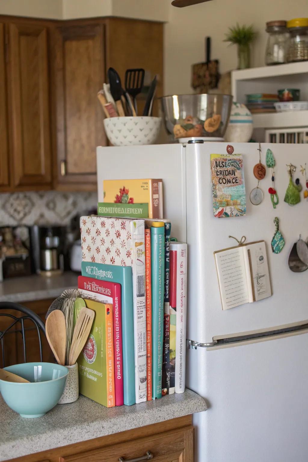 Merge style and practicality by showcasing recipe books and tools.