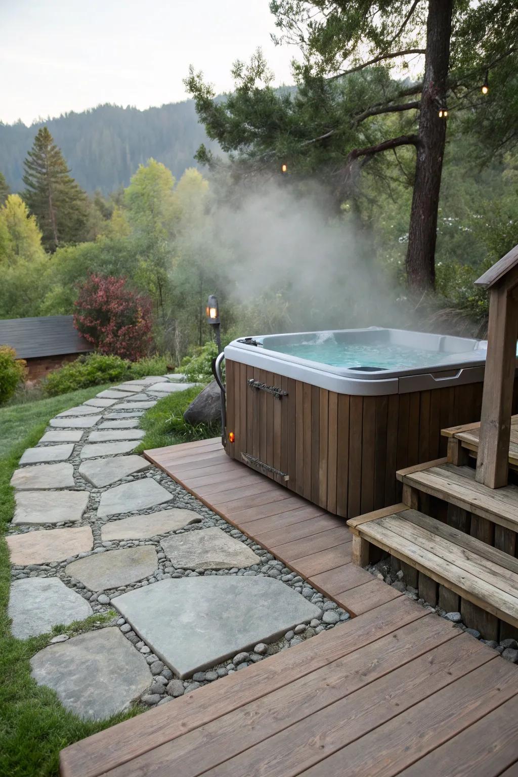 Rock and timber accents append rustic charm to your personal spa area.
