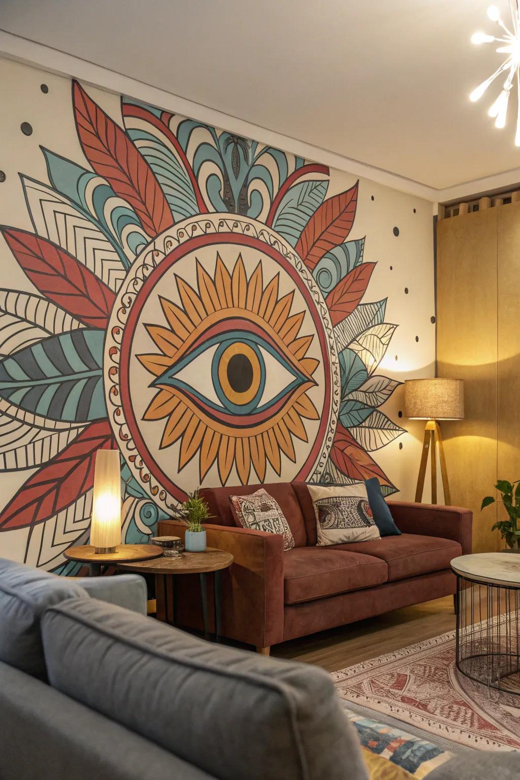 The ocular theme in vibrant shades fashions a striking and discussion-sparking attribute.