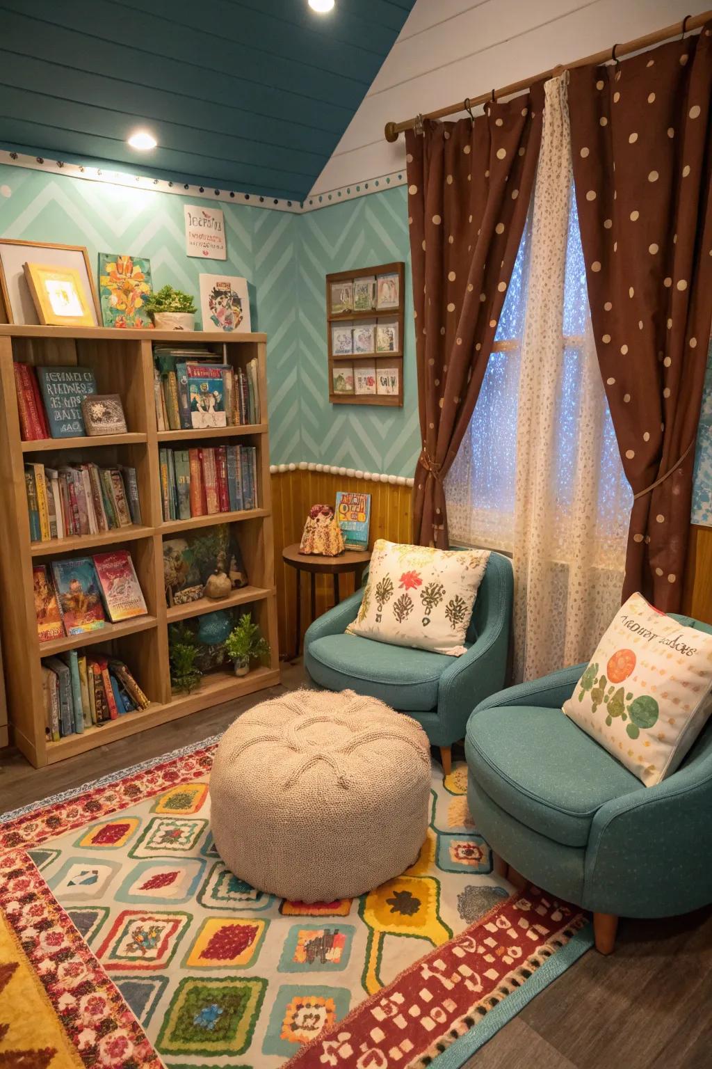 A relaxing reading space is ideal for book enthusiasts.