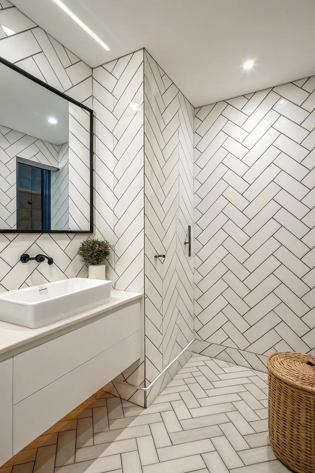 Brick style tiles in inventive designs present a timeless yet contemporary vibe.