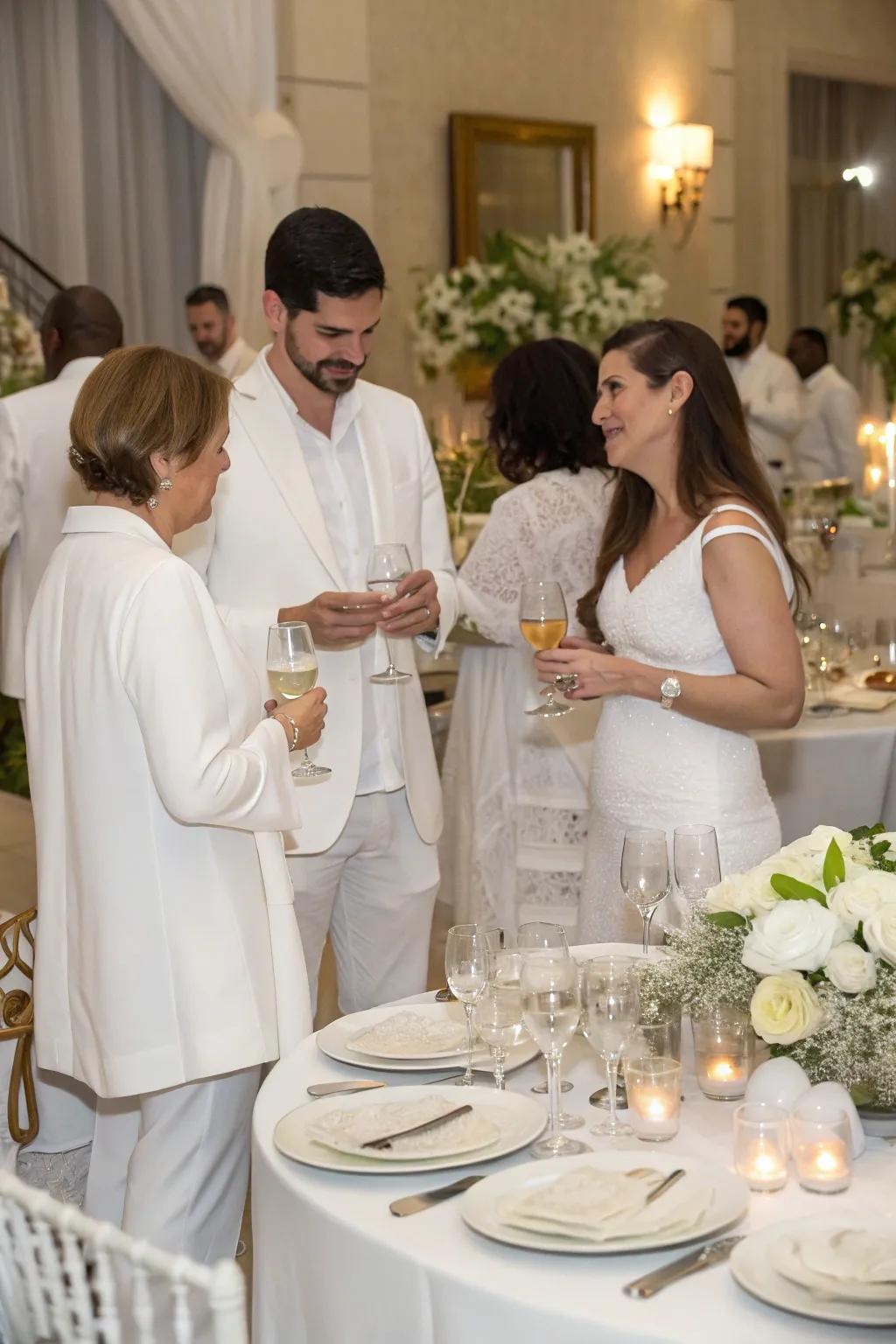 Attendees in monochromatic white attire enhance the sophistication of the gathering.