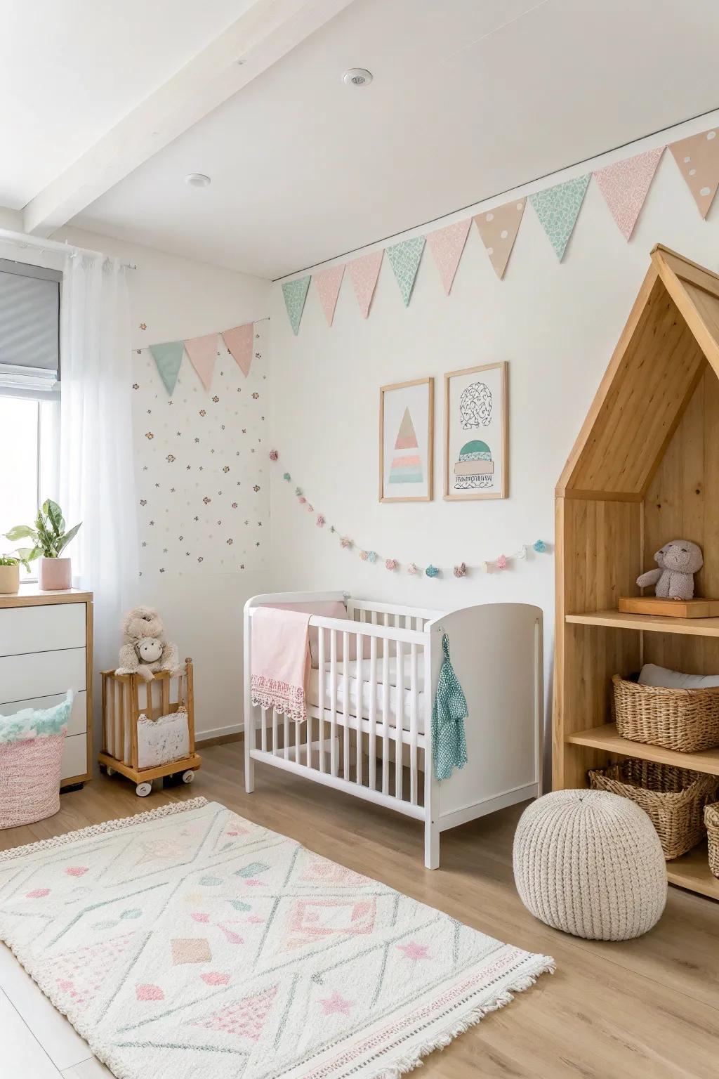 Subdued accents provide subtle variance within a white nursery.