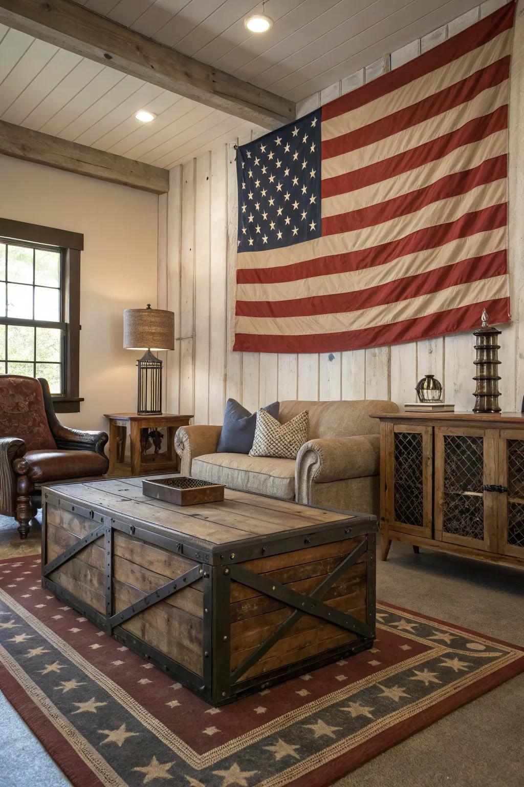 Country allure harmonizes with patriotism using an age-old flag centerpiece.