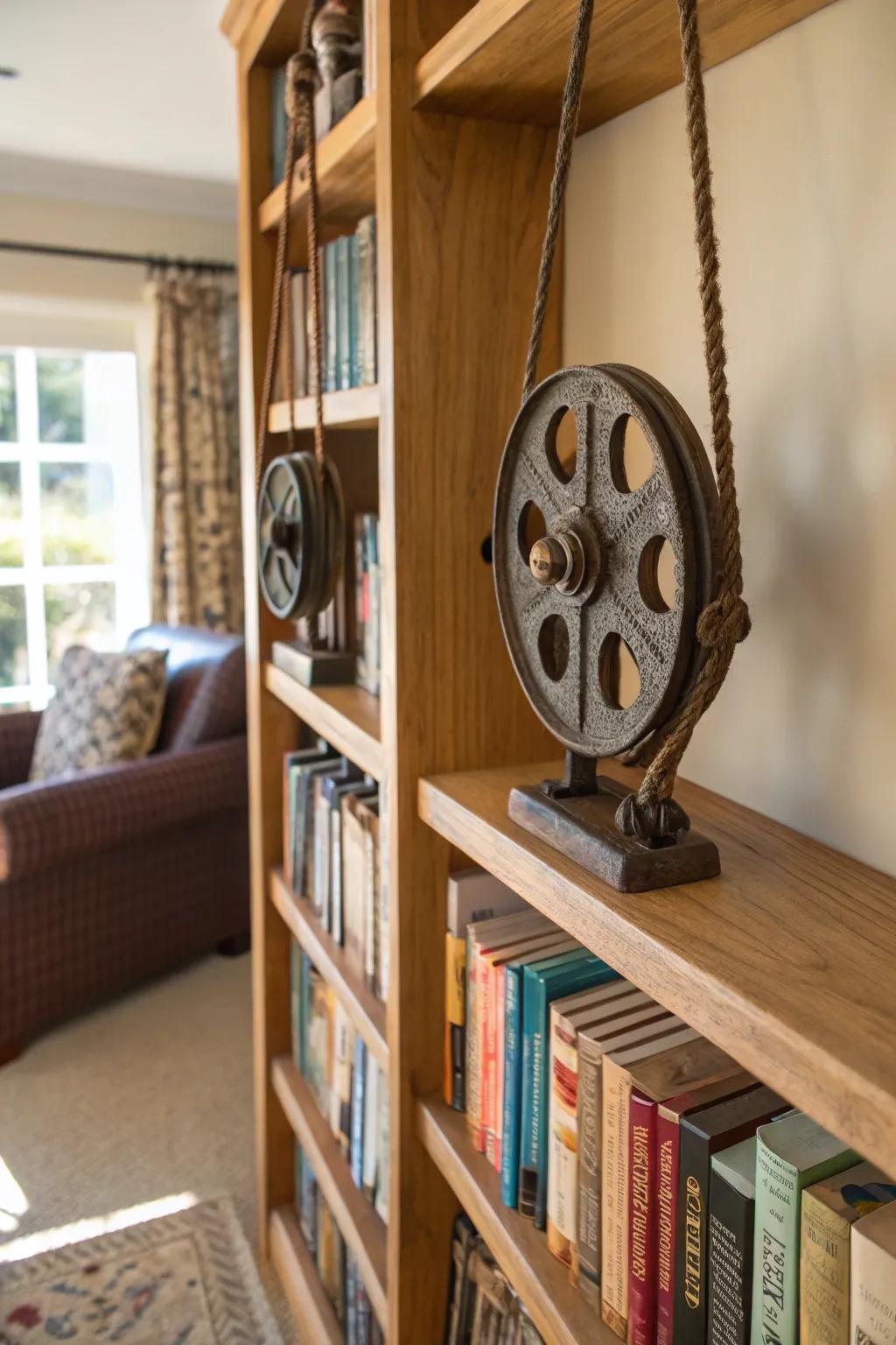 Pulleys changed into fashionable bookends for a vintage feel.