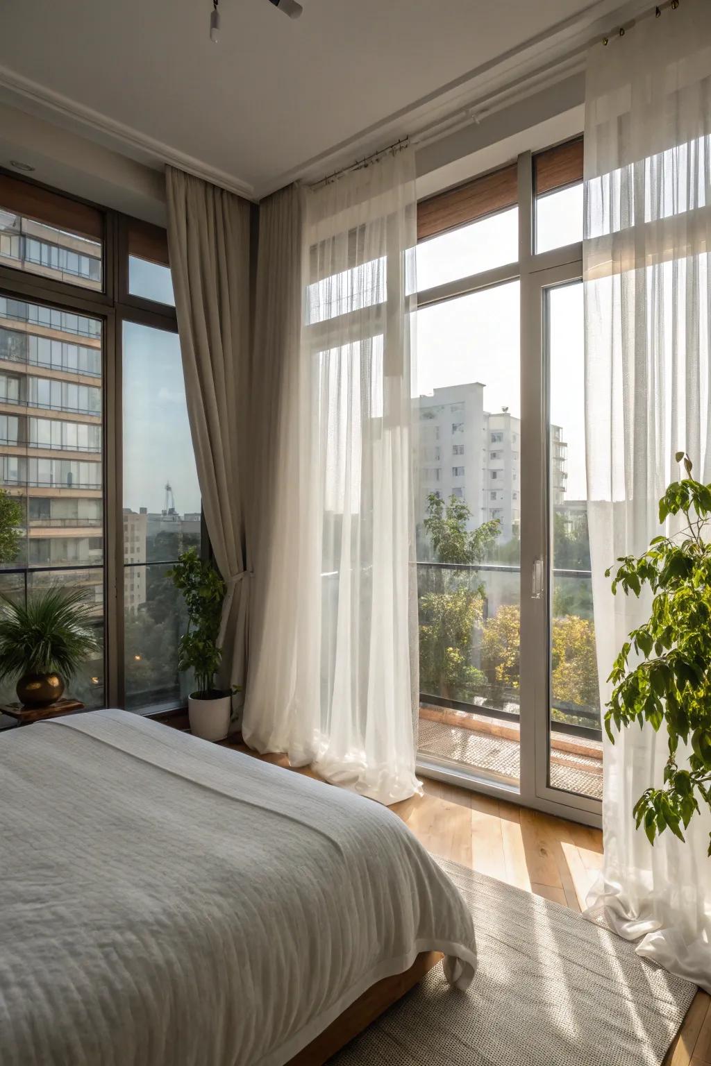 An apartment bedroom that capitalizes on sunlight using large windows and light window coverings.