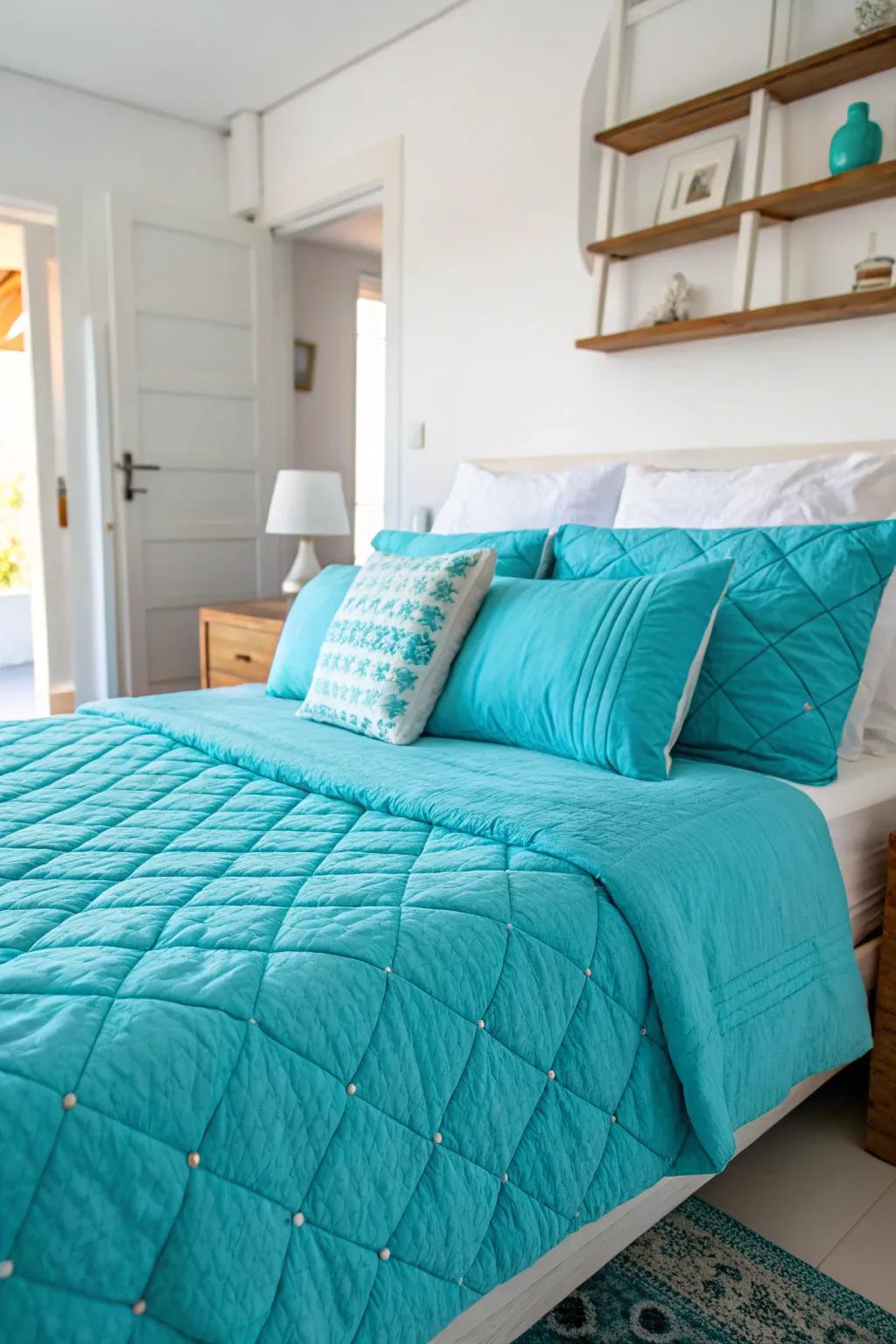 Sky-tinted textiles introduce texture and dimension to the bedroom.