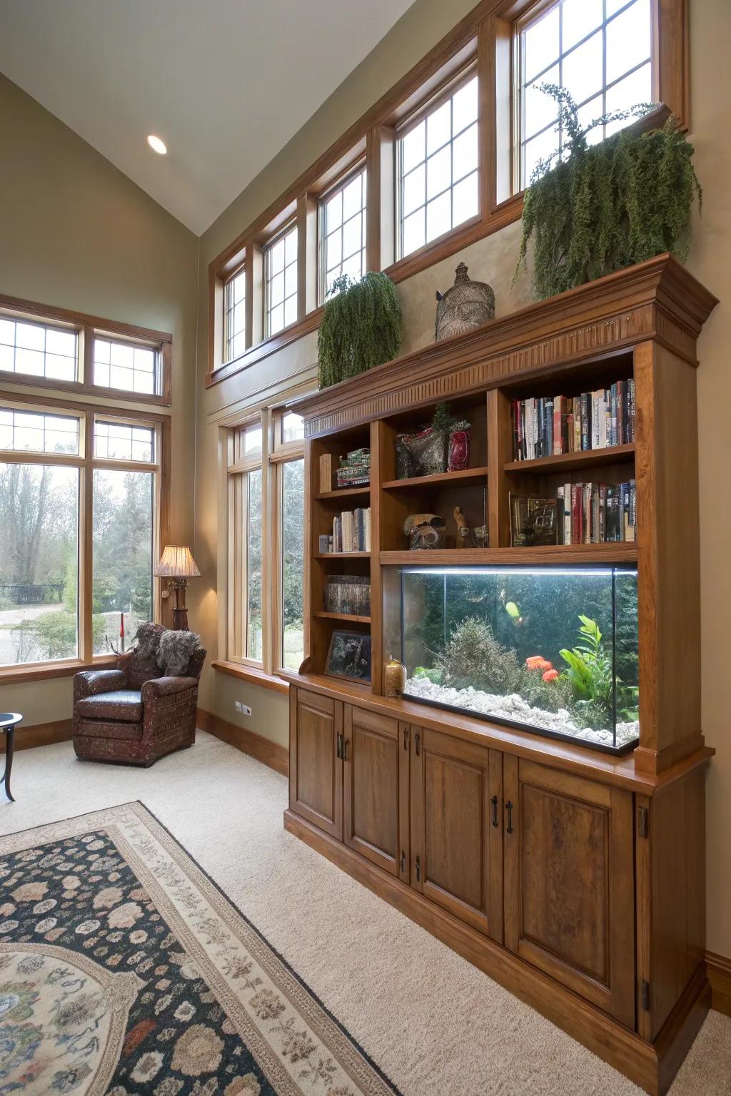 A bookcase serves as a foundation marrying storage with aquatic grandeur.