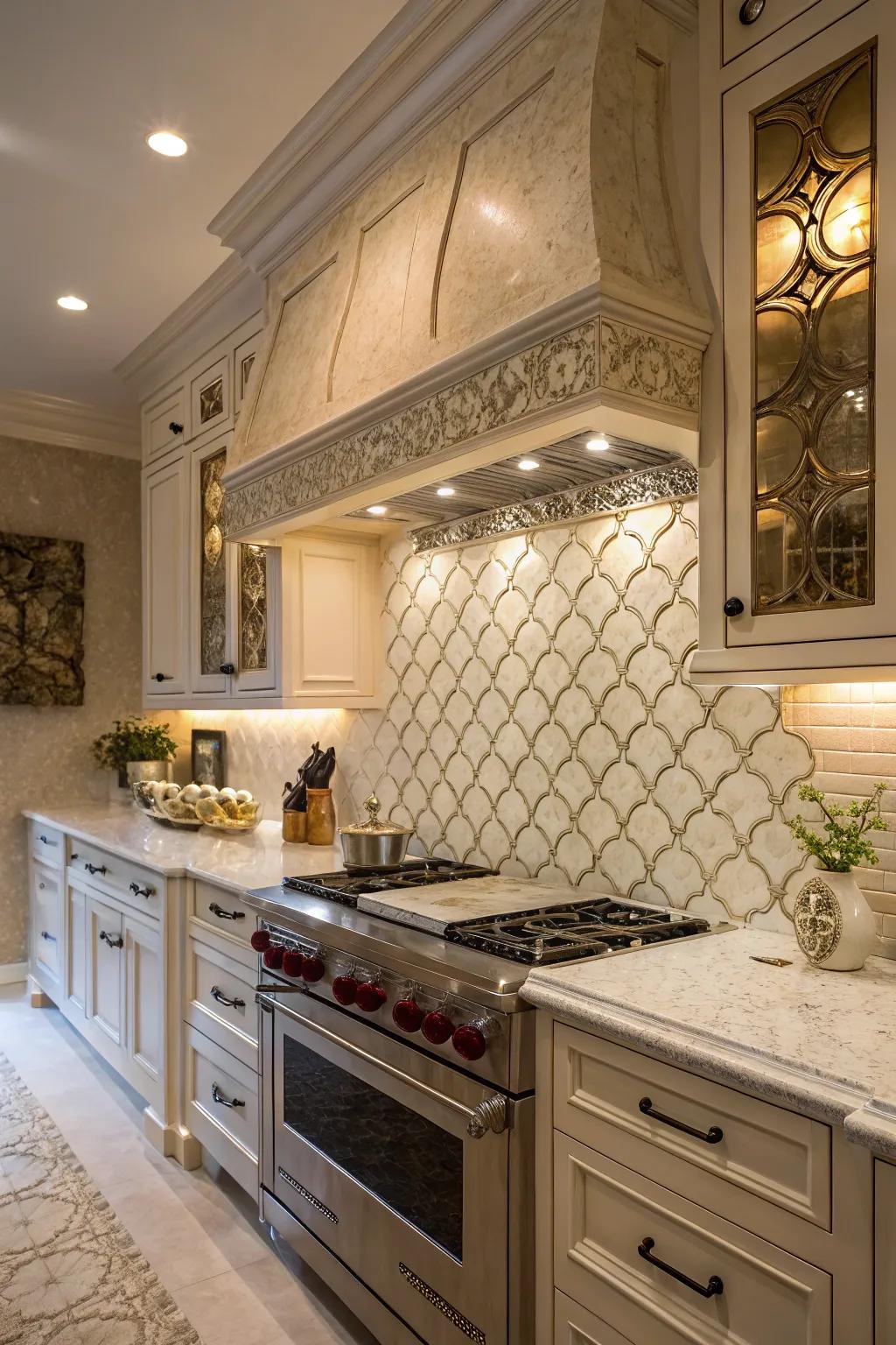 An exquisite kitchen is enhanced by a textured arabesque tile backsplash, which introduces additional magnitude.