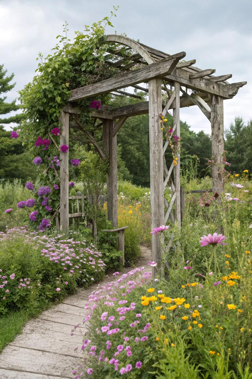 A rural wooden arbor in the midst of a ocean of wildflowers.