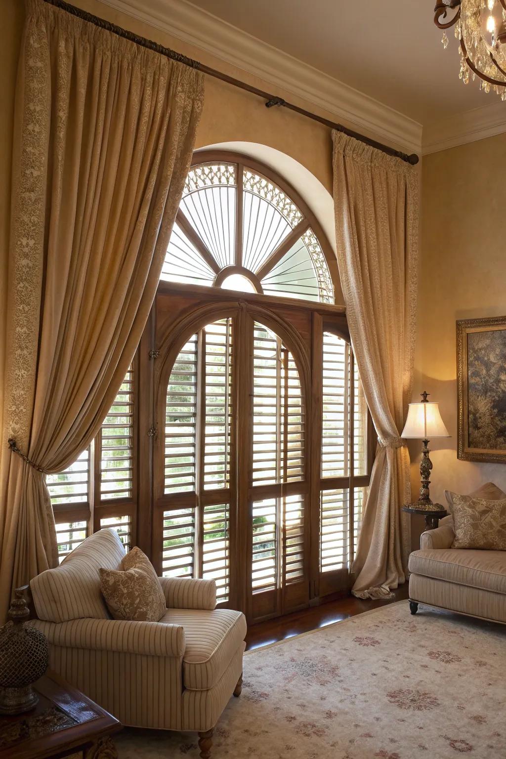A snug lounge exhibits integrated window arrangements on arched windows.