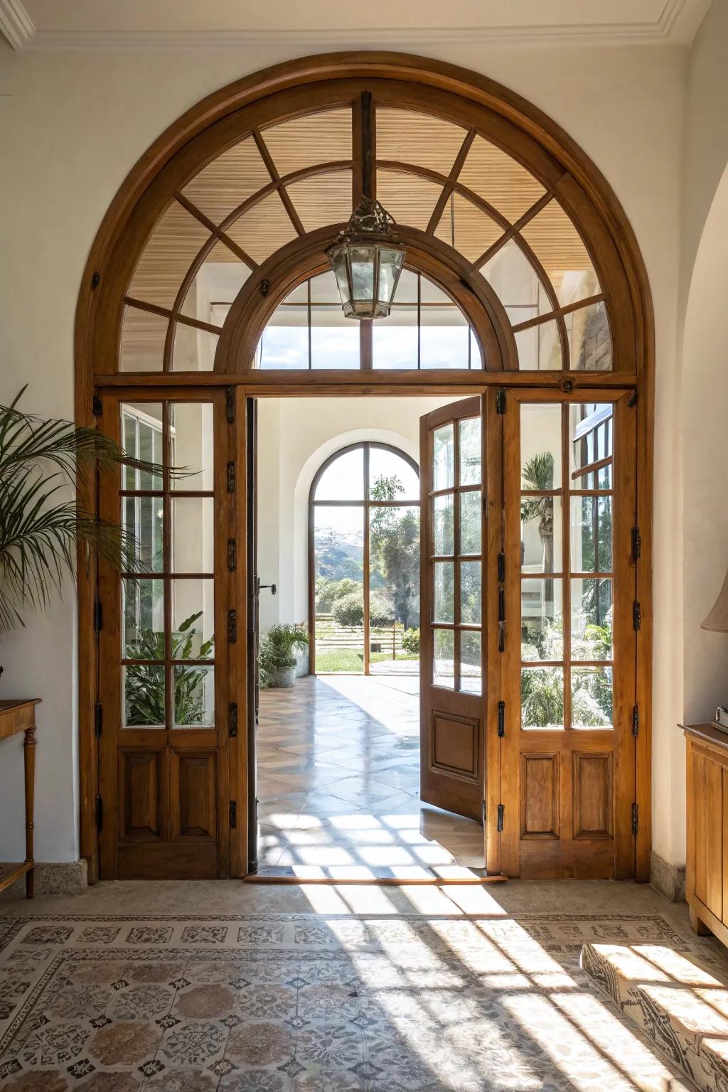 A glass archway entrance welcoming natural illumination into a radiant and airy interior.