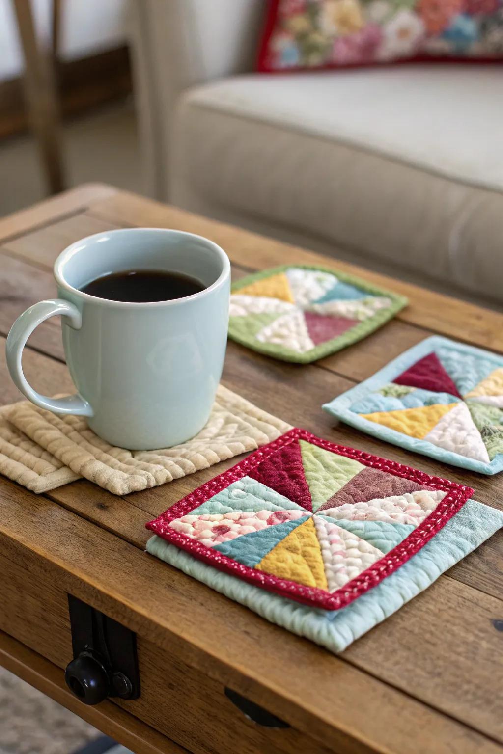 Handmade quilted coasters made in earthy tones will add warmth to any space.