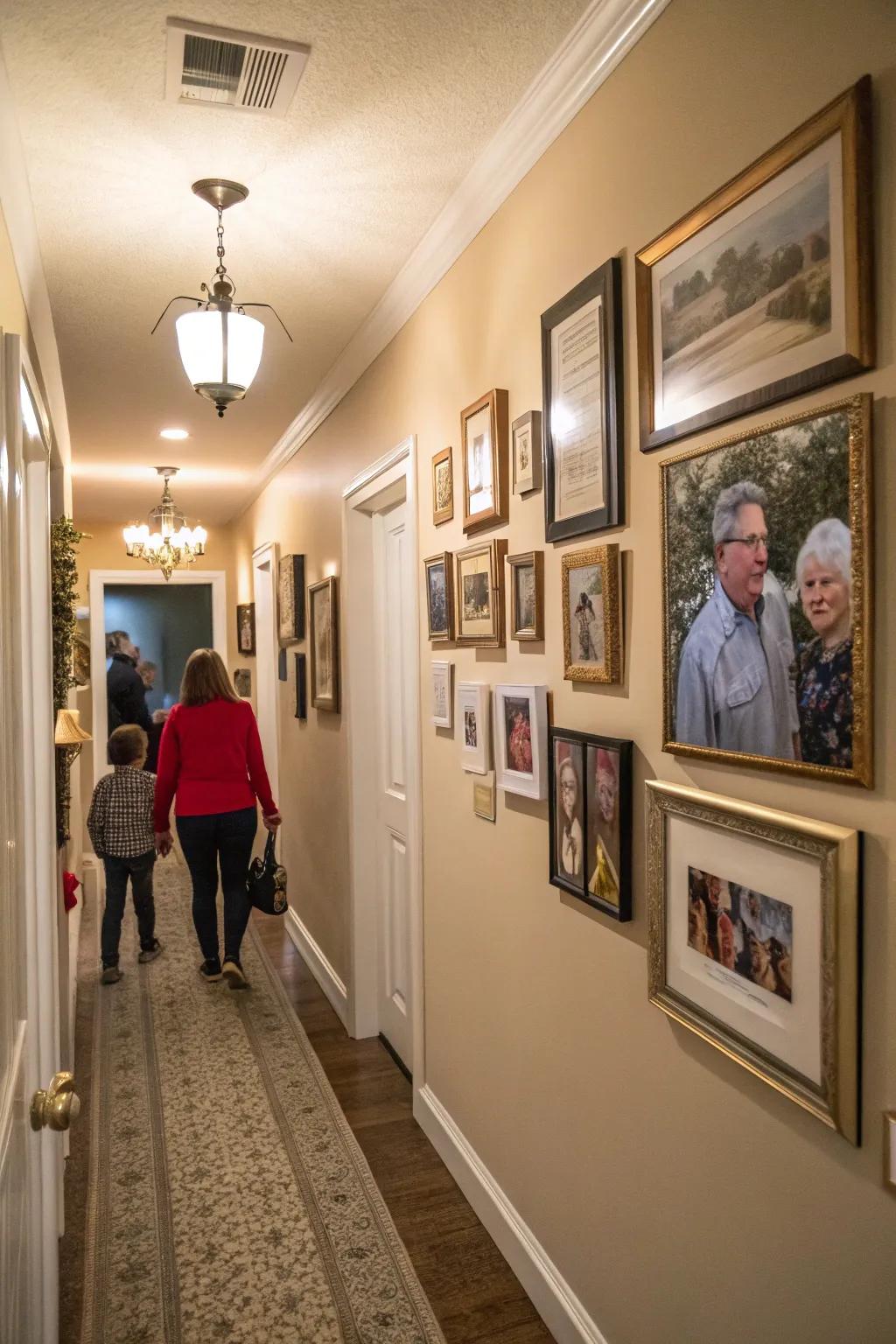 A display of family portraits radiates warmth and distinction.