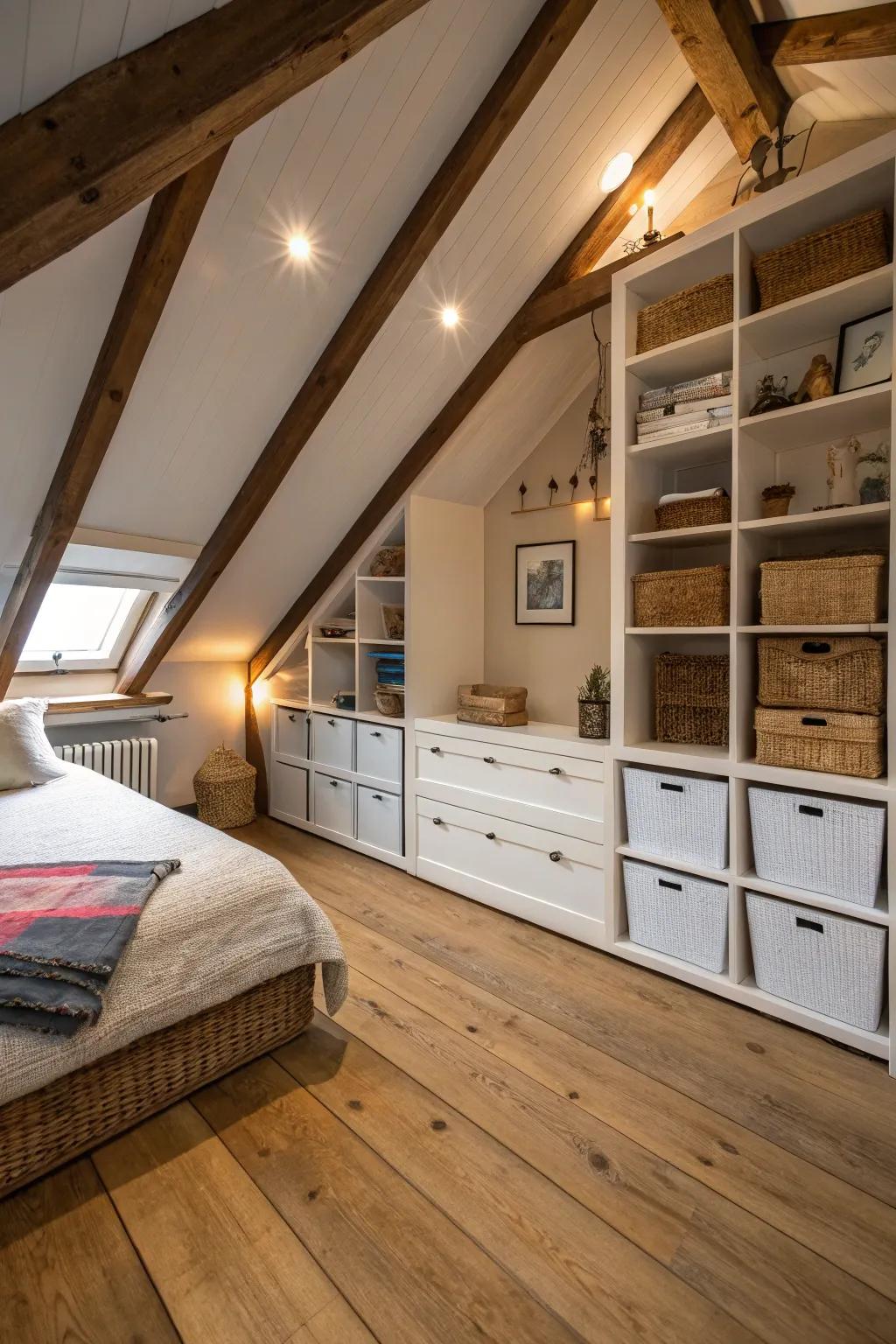 Integrated storage enhances efficiency in your attic bedroom.