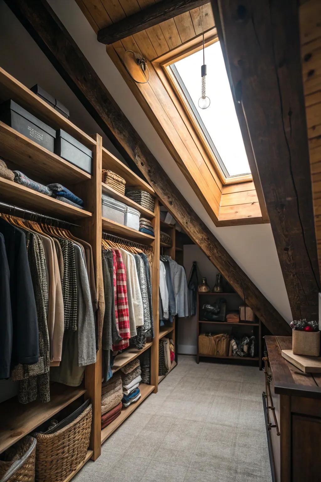 Sunlight boosts the ambiance of the attic closet.