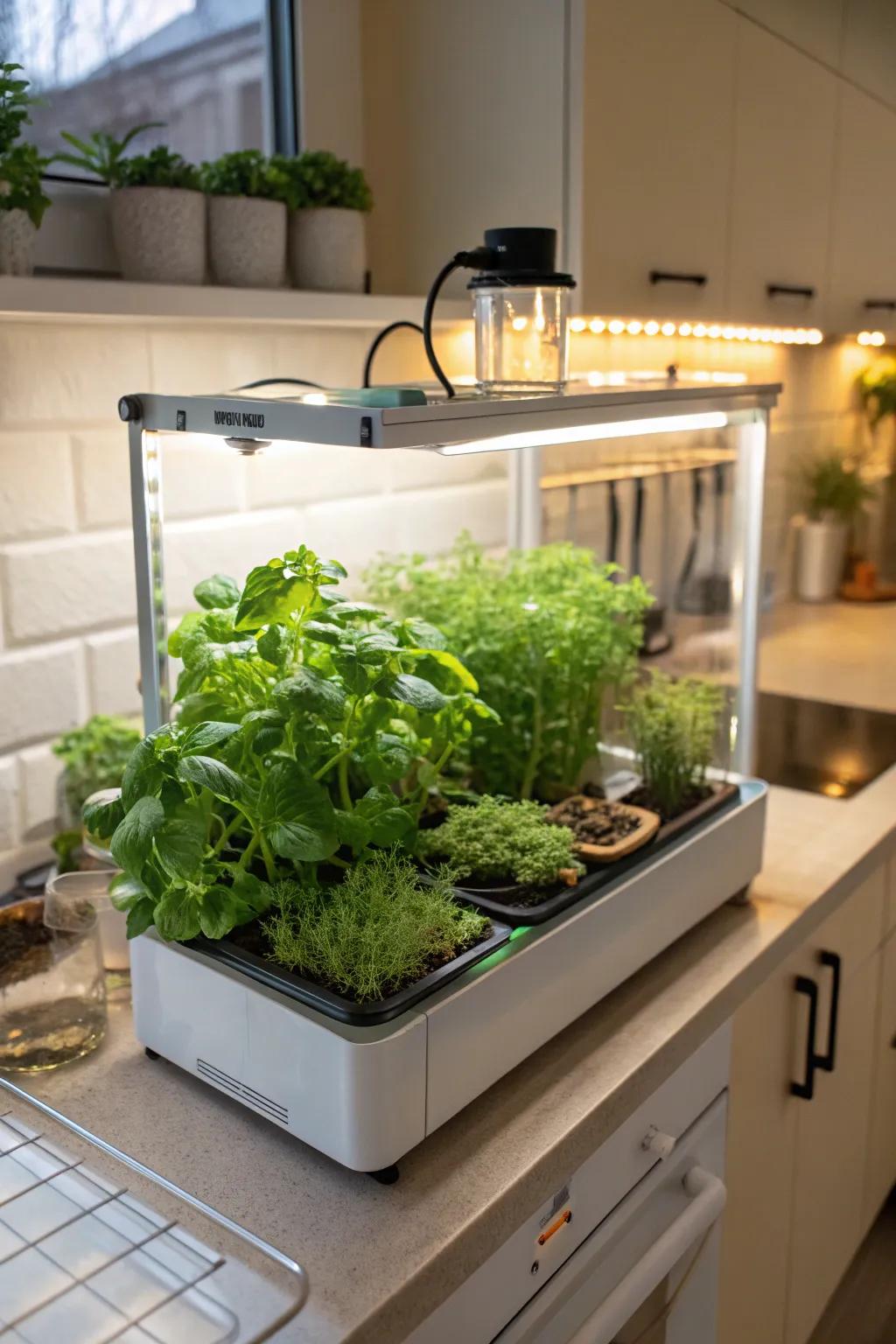 A countertop greenhouse featuring integrated grow lights, perfectly suited for growing herbs.