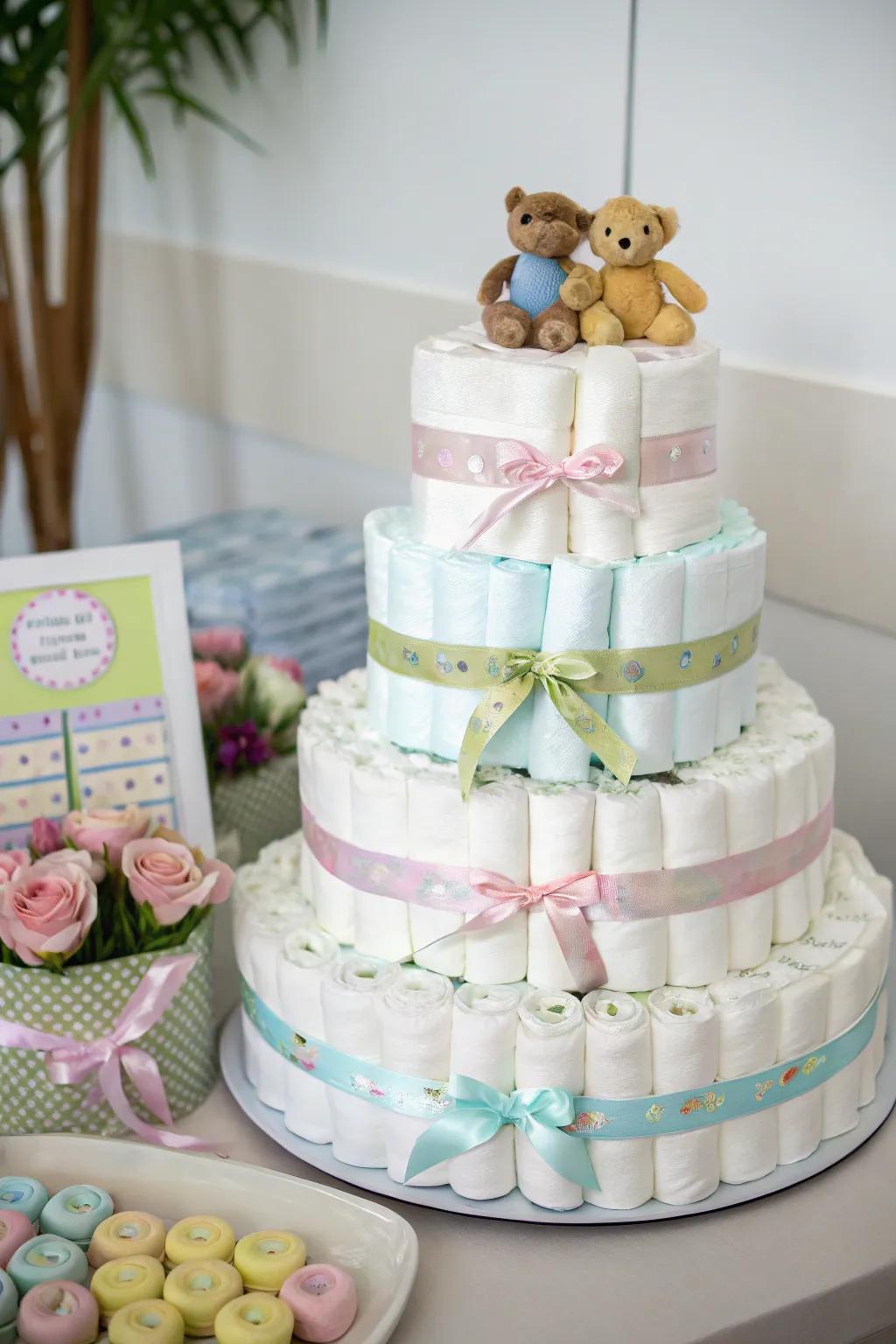 A captivating diaper cake that merges ornamental appeal with practicality.
