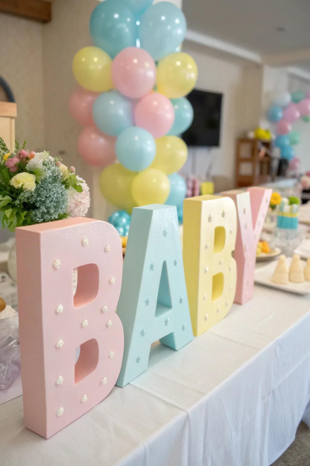 Oversized pastel baby block glyphs introduce a playful embellishment to the baby shower adornment.
