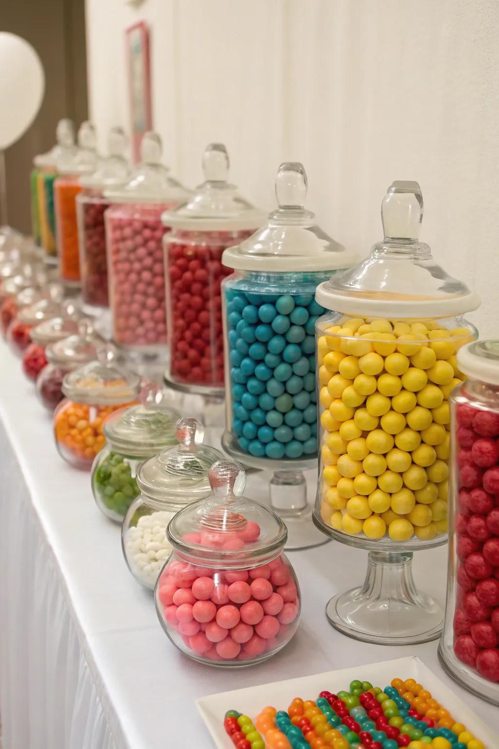 A variety of sweet jars with color-coordinated sweets.