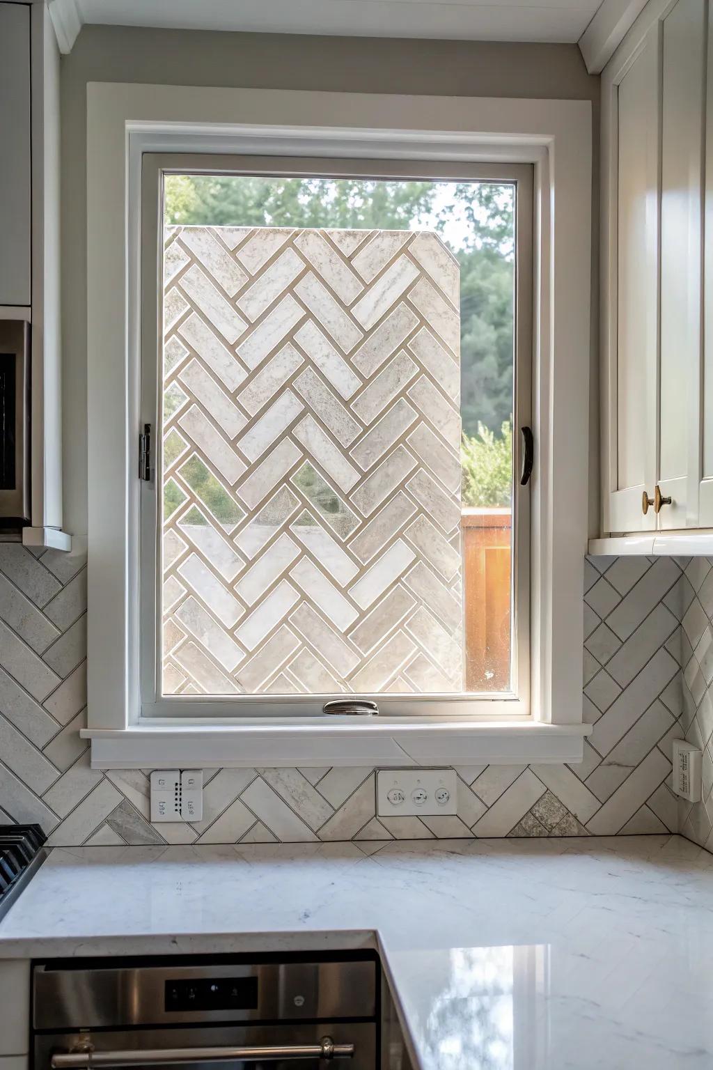A dynamic patterned brick look accenting a kitchen window.