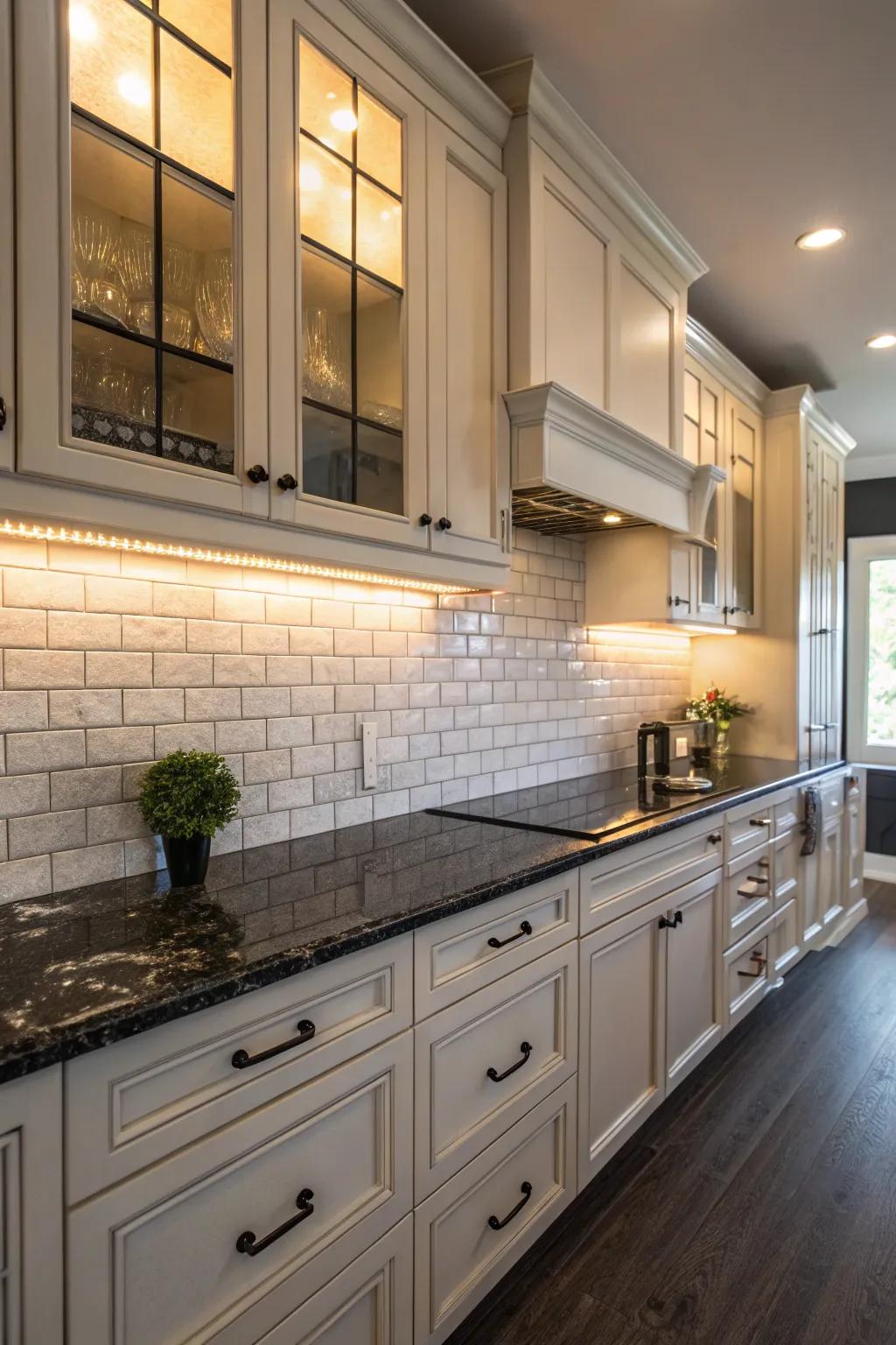 The contrast between bright cabinets and dark stone is striking.