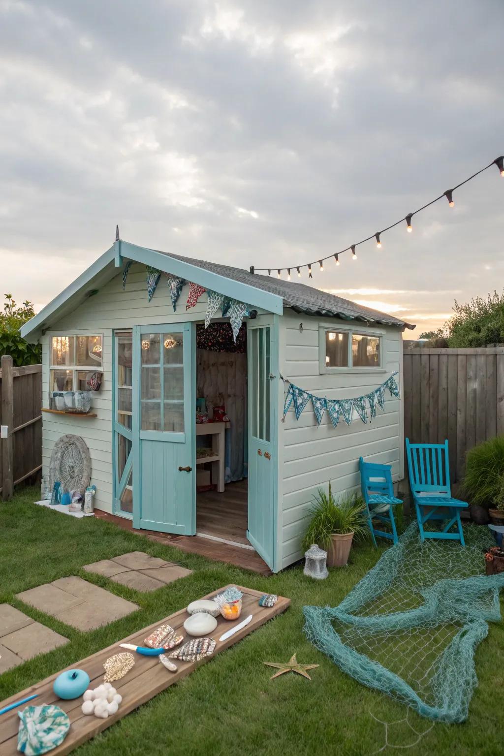 A coastal-themed BBQ outbuilding for a waterside ambiance.