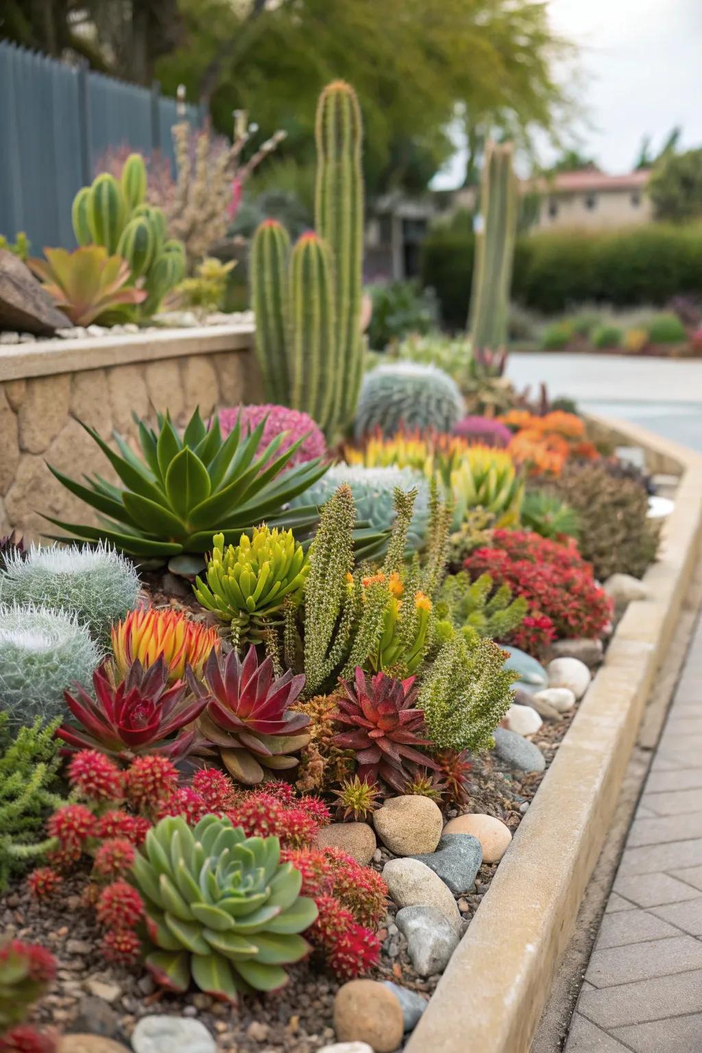 A display of succulents and cacti creating a vibrant and colorful garden.