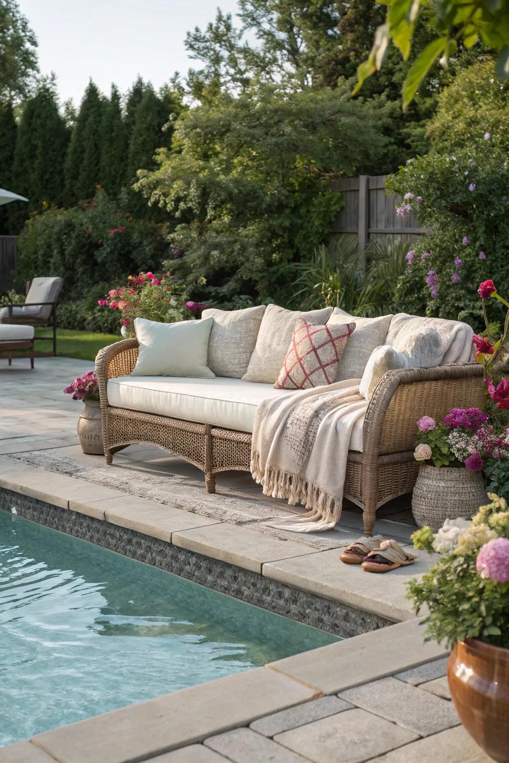 Poolside couches offer a hint of luxury and leisure.