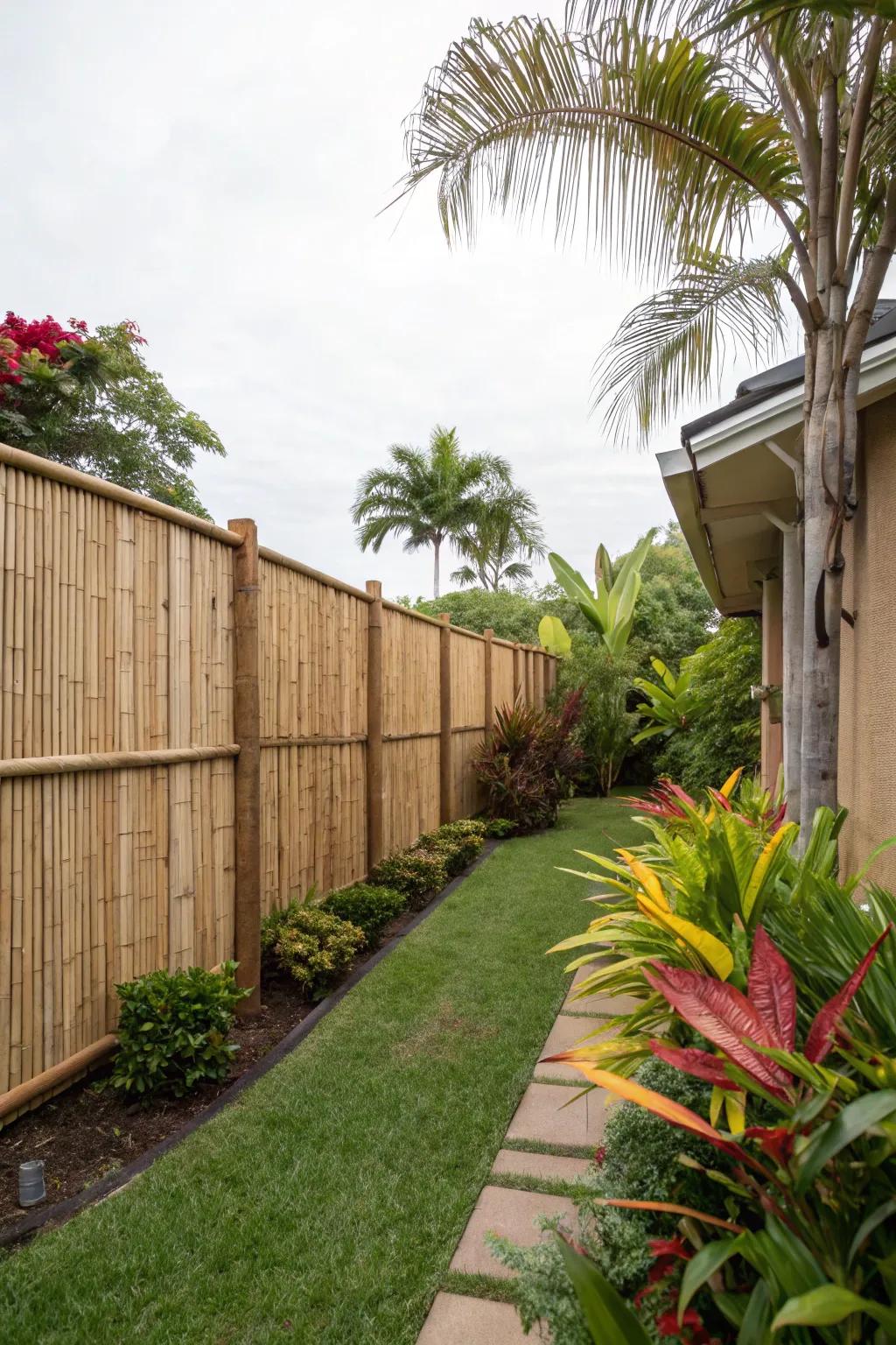Tall grass fencing provides privacy with a tropical feel.