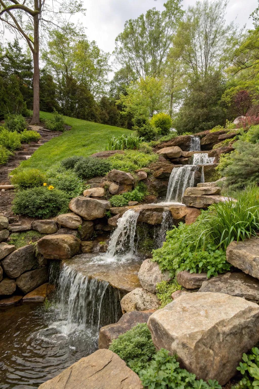 A waterfall introduces a tranquil ambiance to any sloping garden.