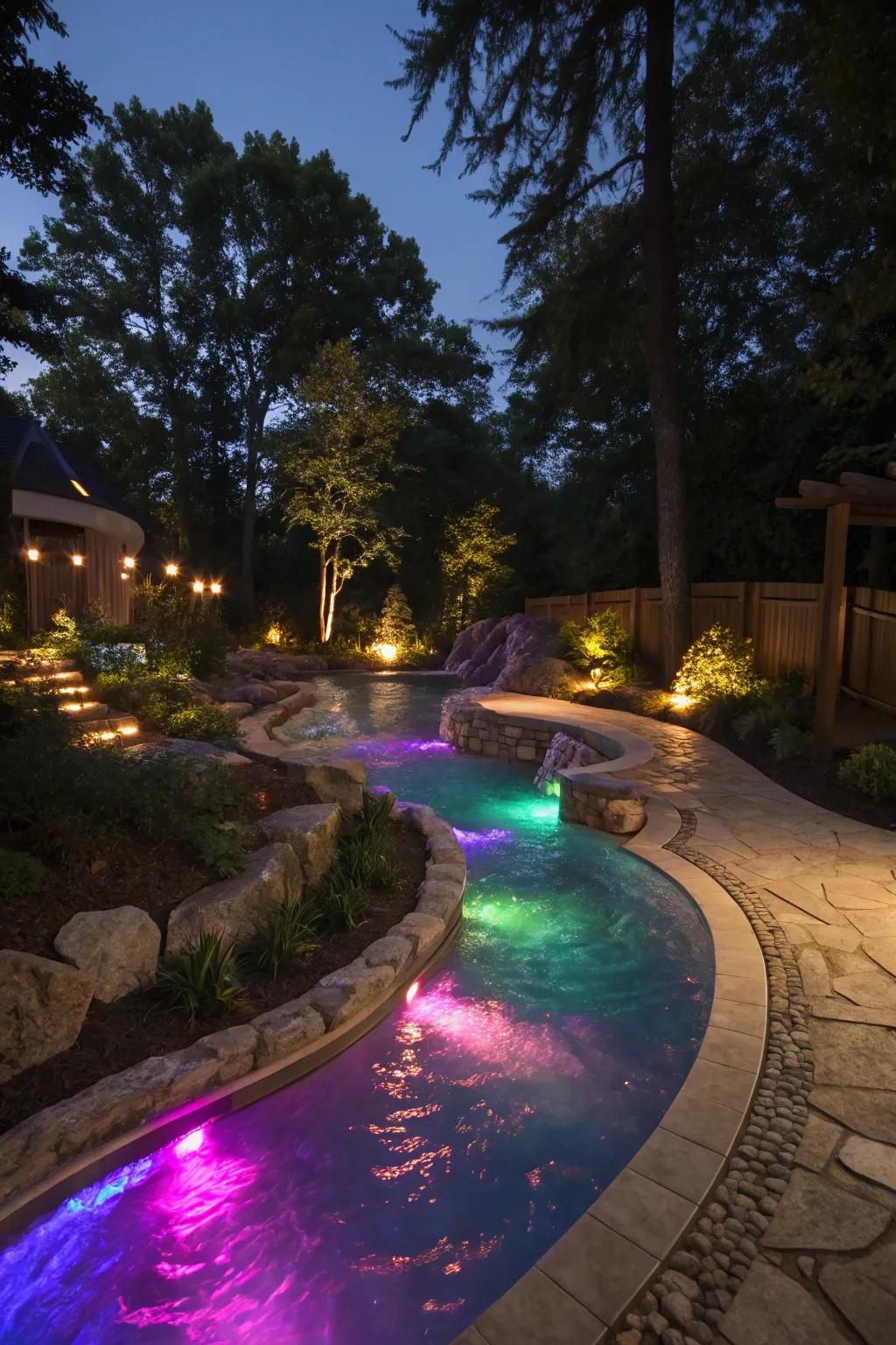 A beautifully lit meandering pool, casting a magical glow.